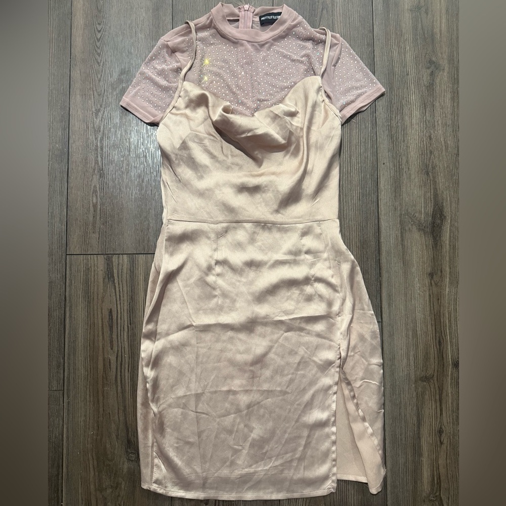 PrettyLittleThing Satin Cowl Mini Dress w/ Sparkle Mesh Top – US 2 Blush Pink